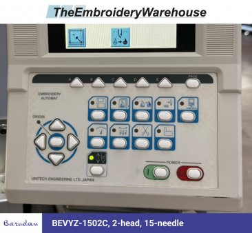 Barudan BEVYZ-1502C, 2-head, 15-needle, commercial embroidery machine