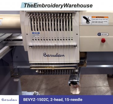 Barudan BEVYZ-1502C, 2-head, 15-needle, commercial embroidery machine