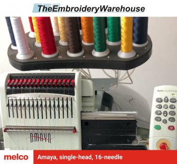 Melco Amaya, single-head, 16-needle, commercial embroidery machine