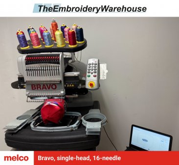 Melco Bravo, single-head, 16-needle, commercial embroidery machine