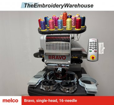 Melco Bravo, single-head, 16-needle, commercial embroidery machine