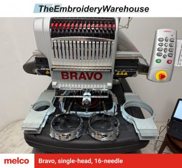 Melco Bravo, single-head, 16-needle, commercial embroidery machine