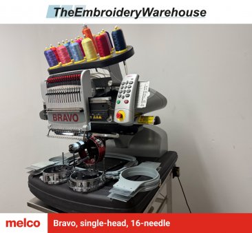 Melco Bravo, single-head, 16-needle, commercial embroidery machine