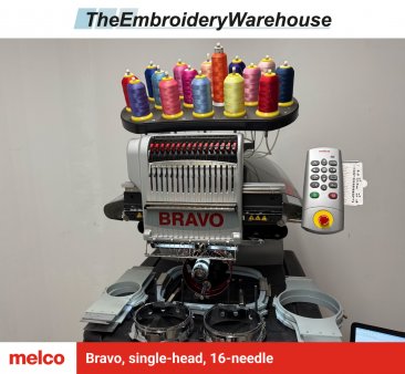 Melco Bravo, single-head, 16-needle, commercial embroidery machine