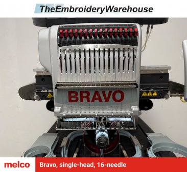 Melco Bravo, single-head, 16-needle, commercial embroidery machine