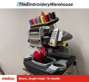 Melco Bravo, single-head, 16-needle, commercial embroidery machine