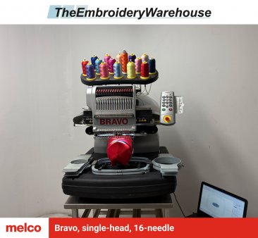 Melco Bravo, single-head, 16-needle, commercial embroidery machine