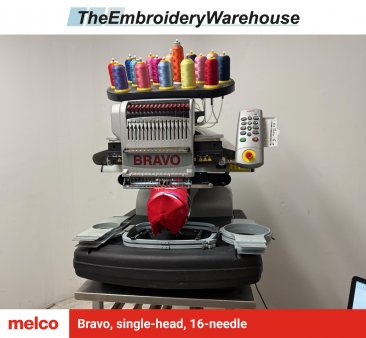 Melco Bravo, single-head, 16-needle, commercial embroidery machine