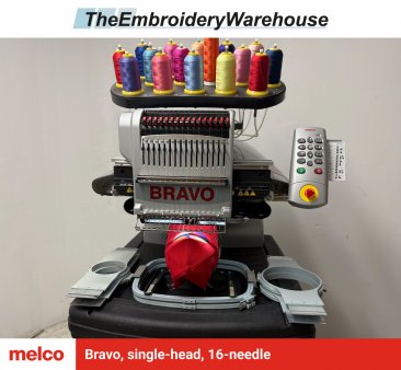 Melco Bravo, single-head, 16-needle, commercial embroidery machine