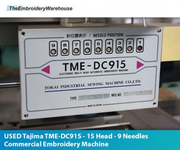 USED Tajima TME-DC915 - 15 Head - 9 Needles - Commercial Embroidery Machine