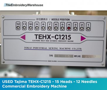 USED Tajima TEHX-C1215 - 15 Heads - 12 Needles - Commercial Embroidery Machine