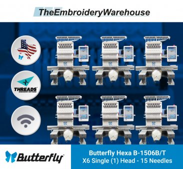 ButterFly Hexa-1506B/T - 6 Heads - 15 Needles - Commercial Embroidery Machine - NEW (2023)