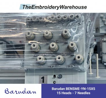 Barudan BENSME-YN-15X5, 15-head, 7-needle, commercial embroidery machines (5 total machines)