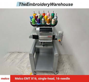 Melco EMT X16, single-head, 16-needle, commercial embroidery machine