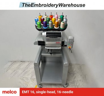 Melco EMT 16, single-head, 16-needle, commercial embroidery machine