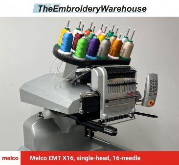 Melco EMT X16, single-head, 16-needle, commercial embroidery machine