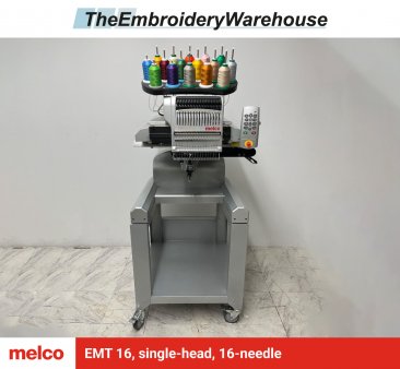 Melco EMT 16, single-head, 16-needle, commercial embroidery machine