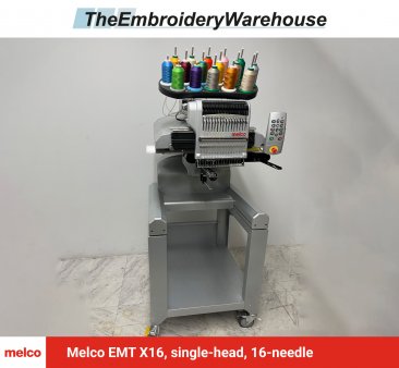 Melco EMT X16, single-head, 16-needle, commercial embroidery machine