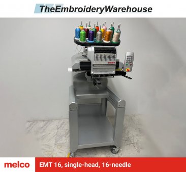 Melco EMT 16, single-head, 16-needle, commercial embroidery machine