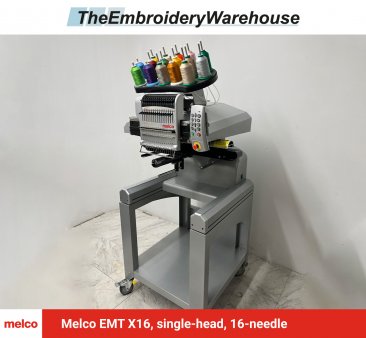 Melco EMT X16, single-head, 16-needle, commercial embroidery machine