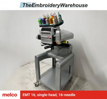 Melco EMT 16, single-head, 16-needle, commercial embroidery machine