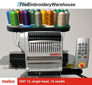 Melco EMT 16, single-head, 16-needle, commercial embroidery machine