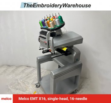 Melco EMT X16, single-head, 16-needle, commercial embroidery machine