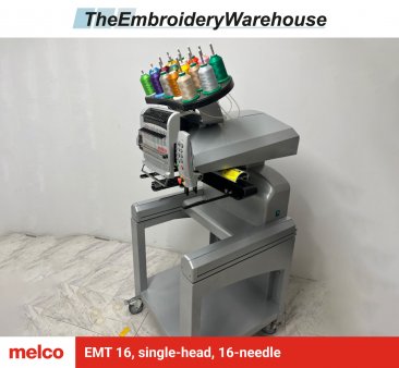 Melco EMT 16, single-head, 16-needle, commercial embroidery machine
