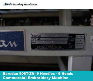 Barudan 906T-ZN - 6 Heads - 9 Needles - Commercial Embroidery Machine