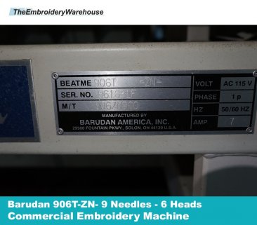 Barudan 906T-ZN - 6 Heads - 9 Needles - Commercial Embroidery Machine